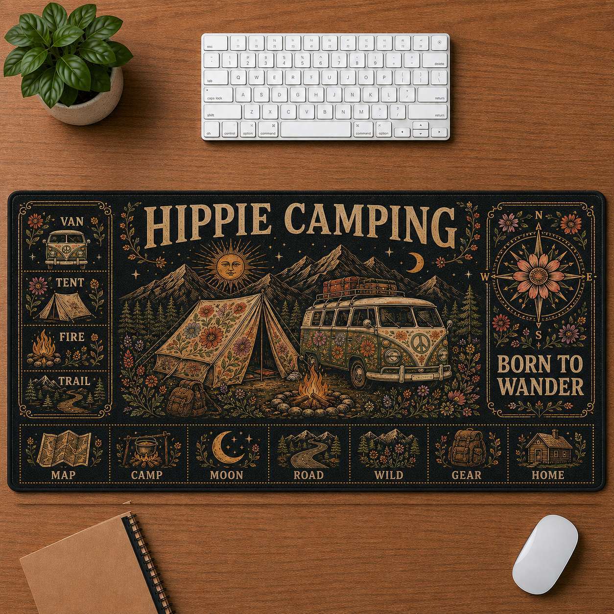 Mountain Camping Hippie Desk Mat Mouse Pad | 5To9Vibe - Hippie Camping style