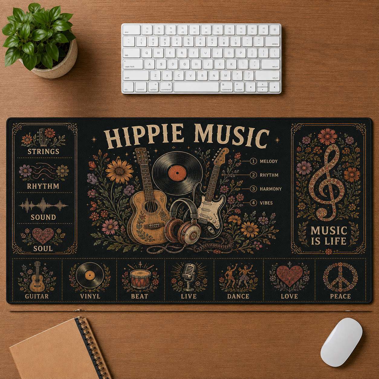 Retro Headphones Hippie Desk Mat Mouse Pad | 5To9Vibe - Hippie Music style