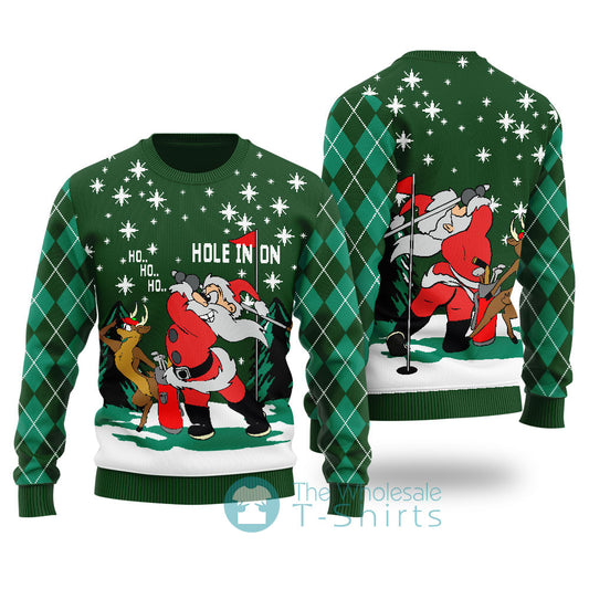 Funny Hole In On Santa Reindeer Christmas Sweater Forest Green