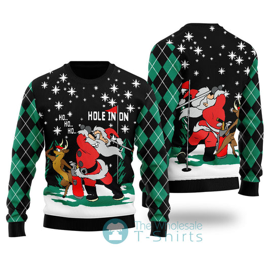 Funny Hole In On Santa Reindeer Christmas Sweater Black