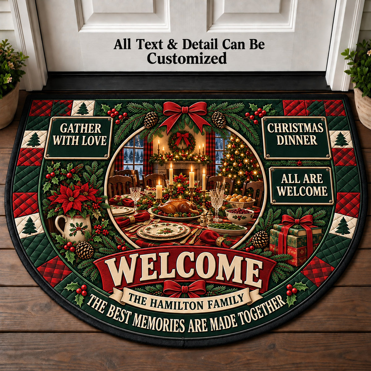 Holiday Dinner Table Personalized Half Round Mat | 5To9Vibe