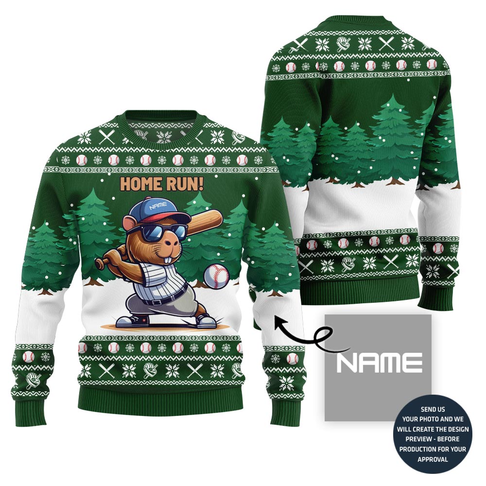 Home Run Capybara Playing Baseball Custom Name Ugly Sweater