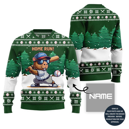 Home Run Capybara Playing Baseball Custom Name Ugly Sweater