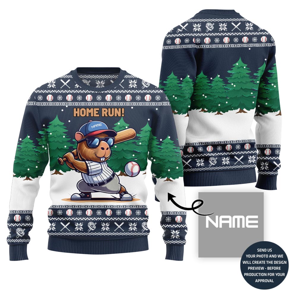 Home Run Capybara Playing Baseball Custom Name Ugly Sweater