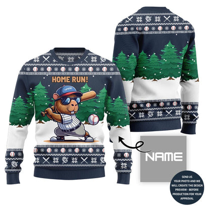 Home Run Capybara Playing Baseball Custom Name Ugly Sweater