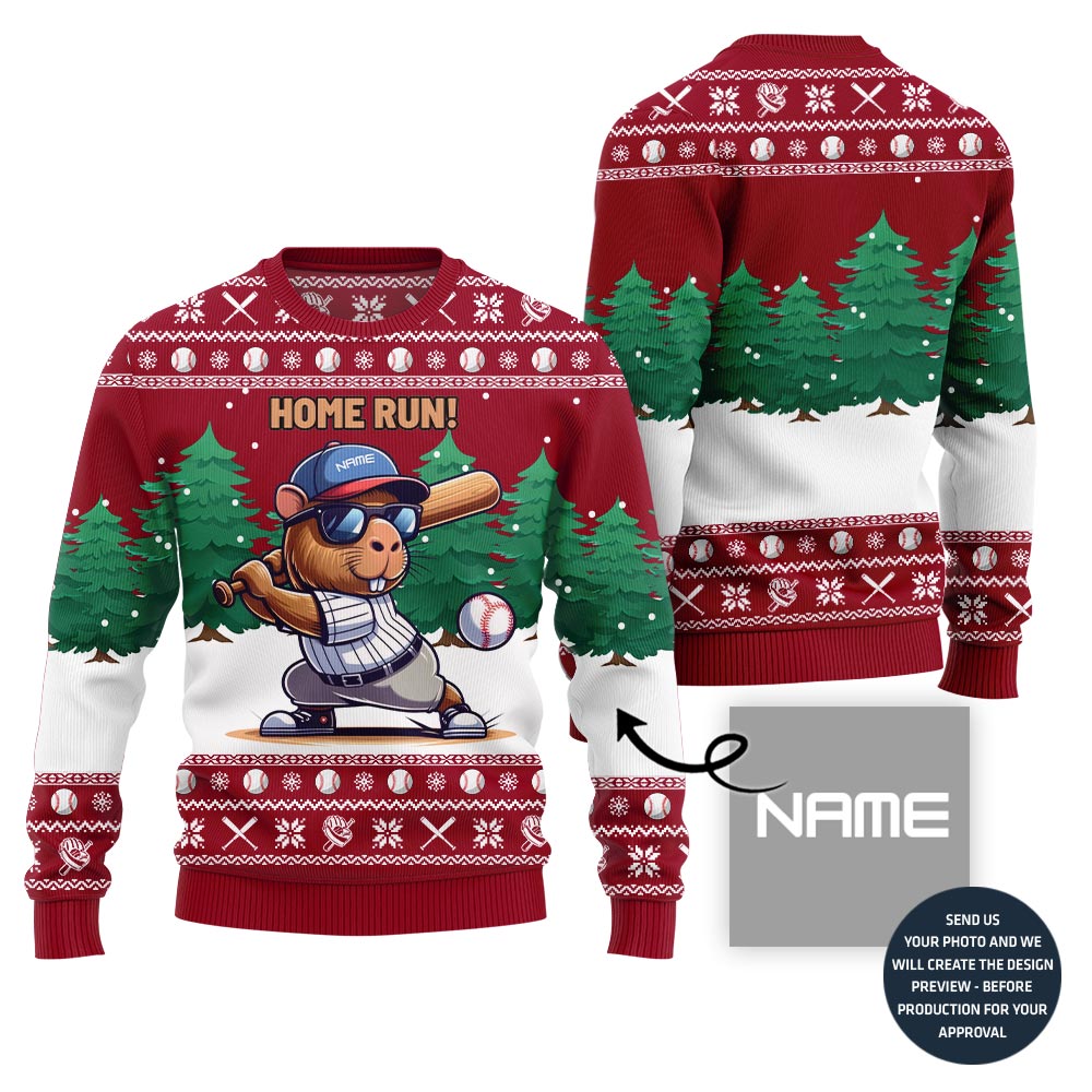 Home Run Capybara Playing Baseball Custom Name Ugly Sweater