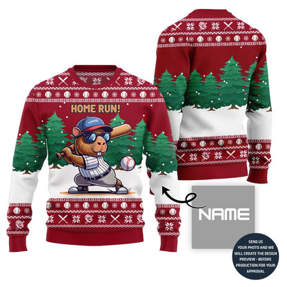 Home Run Capybara Playing Baseball Custom Name Ugly Sweater