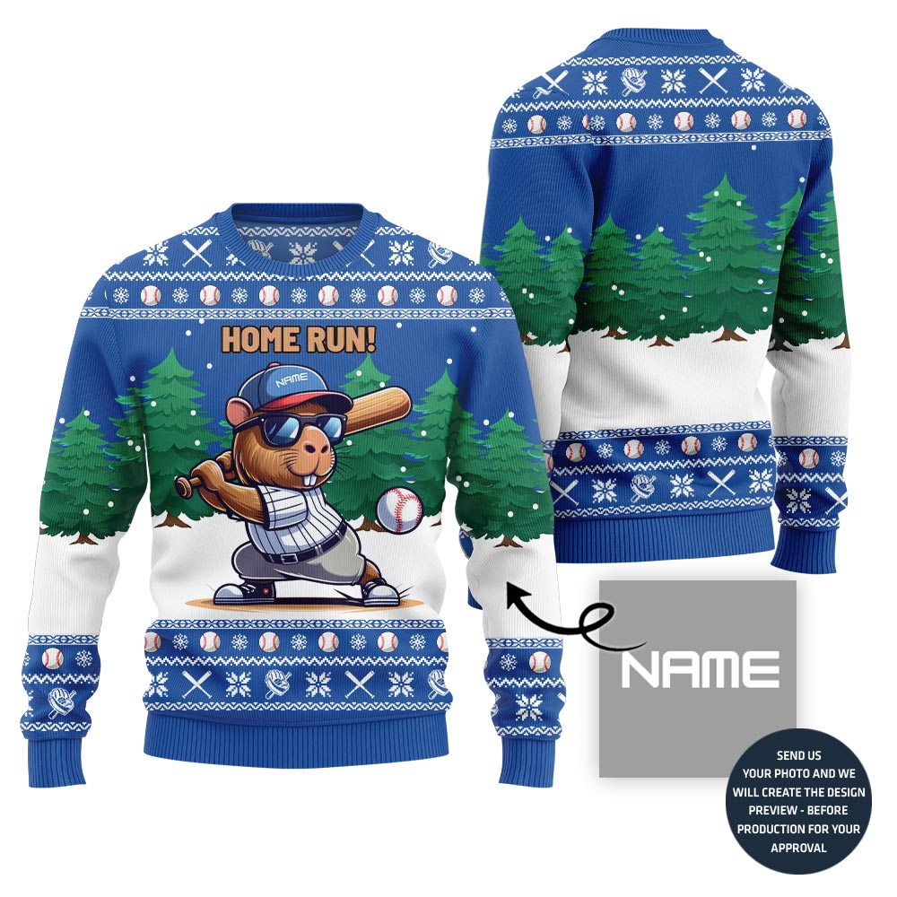 Home Run Capybara Playing Baseball Custom Name Ugly Sweater