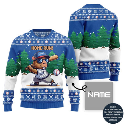 Home Run Capybara Playing Baseball Custom Name Ugly Sweater