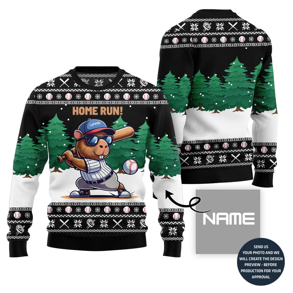 Home Run Capybara Playing Baseball Custom Name Ugly Sweater