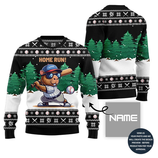Home Run Capybara Playing Baseball Custom Name Ugly Sweater