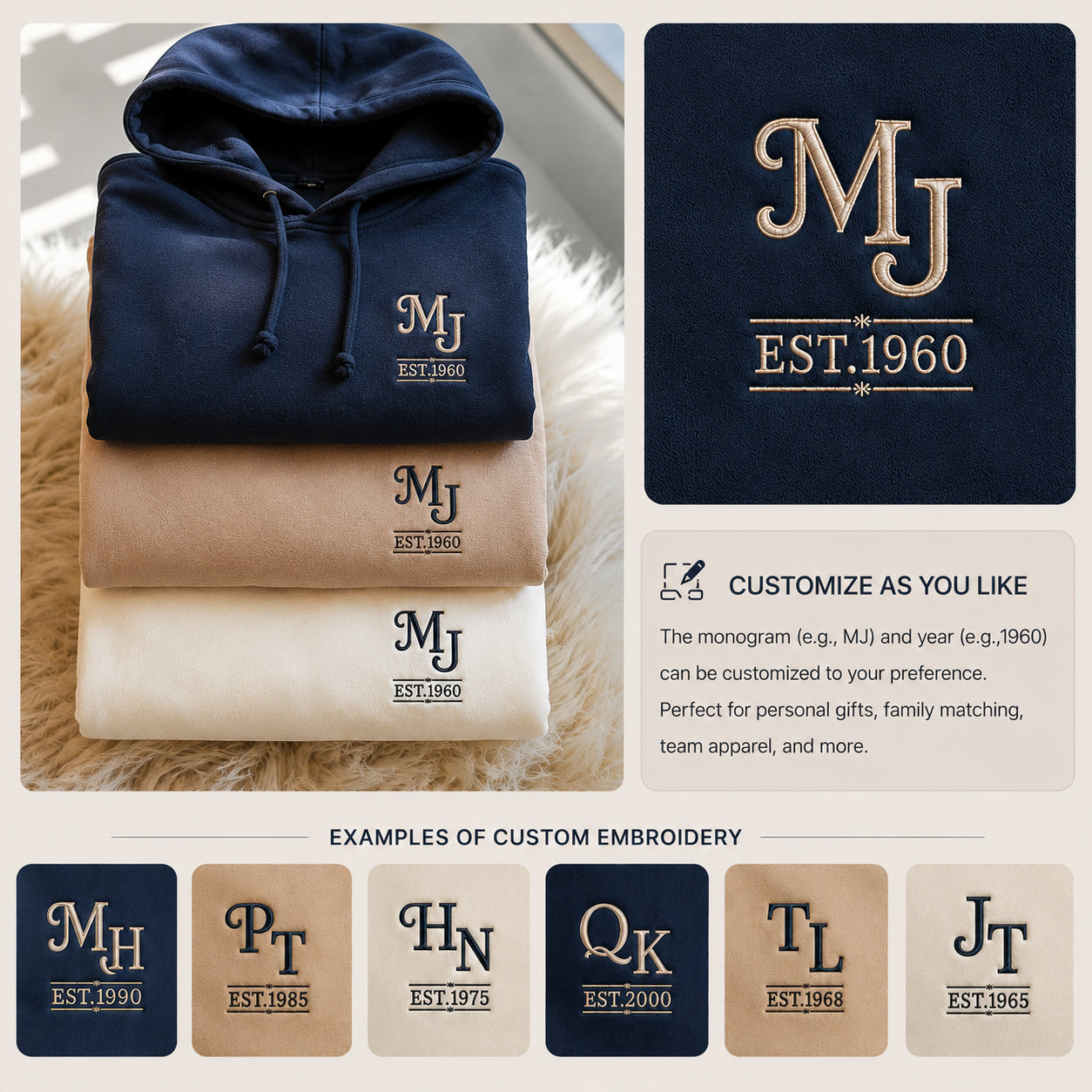 1955 Custom Monogram Embroidered with Name and Year For Birthday, Anniversary, Mother Dad Gift, Couple Gift, Husband Wife Gift, Family Gift Quarter Zip Sweatshirt, Unisex Sweatshirt, Hoodies, T-shirts