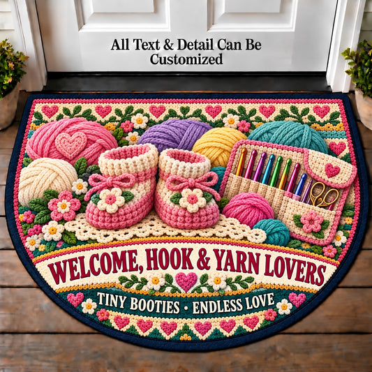 Baby Booties - Hook and Yarn Lovers Personalized Half Round Mat | 5To9Vibe