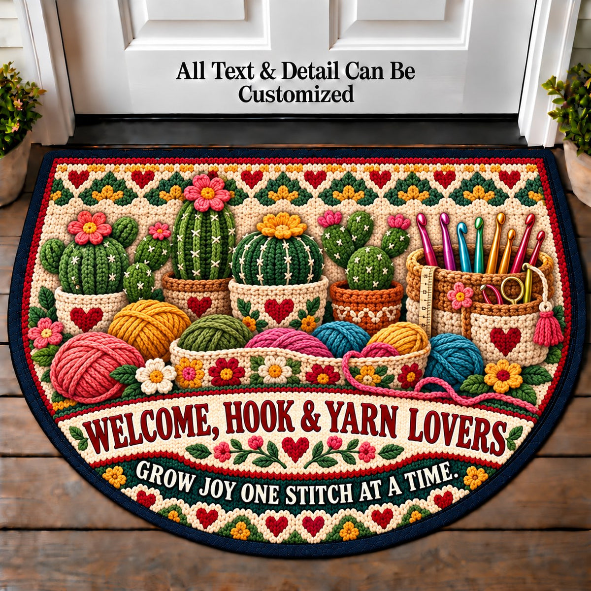 Crochet Cactus - Hook and Yarn Lovers Personalized Half Round Mat | 5To9Vibe
