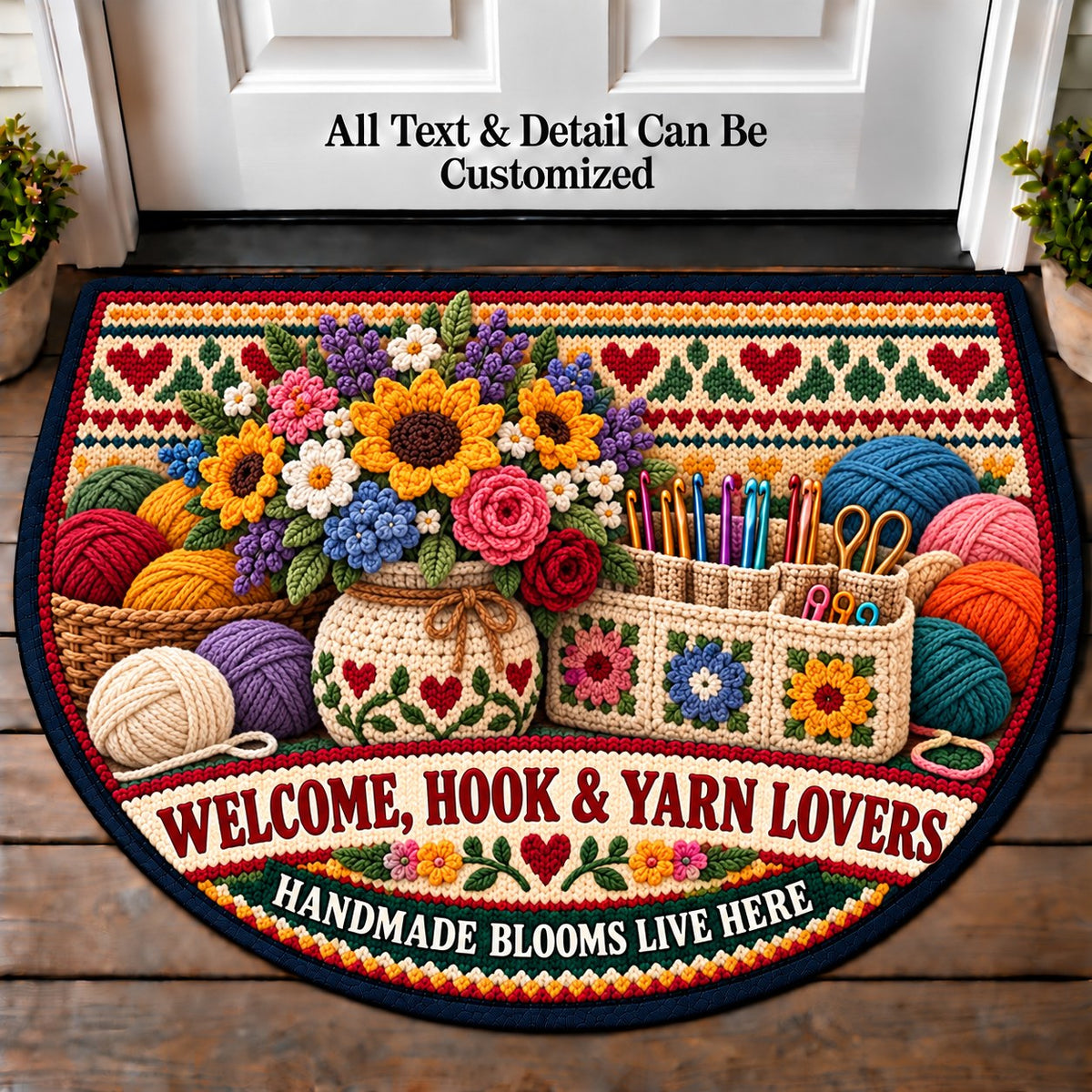 Crochet Flower Bouquet - Hook and Yarn Lovers Personalized Half Round Mat | 5To9Vibe