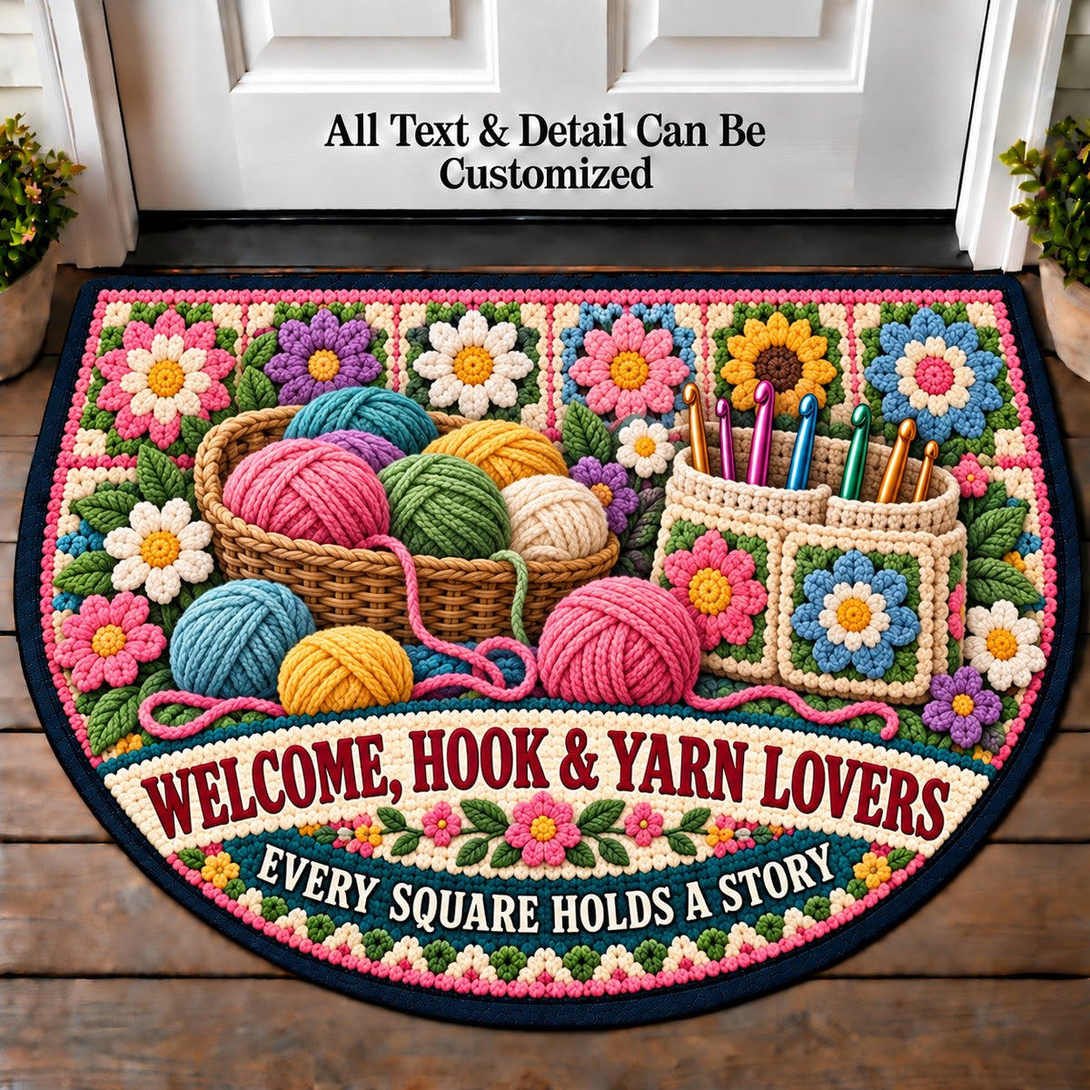 Granny Square Garden - Hook and Yarn Lovers Personalized Half Round Mat | 5To9Vibe