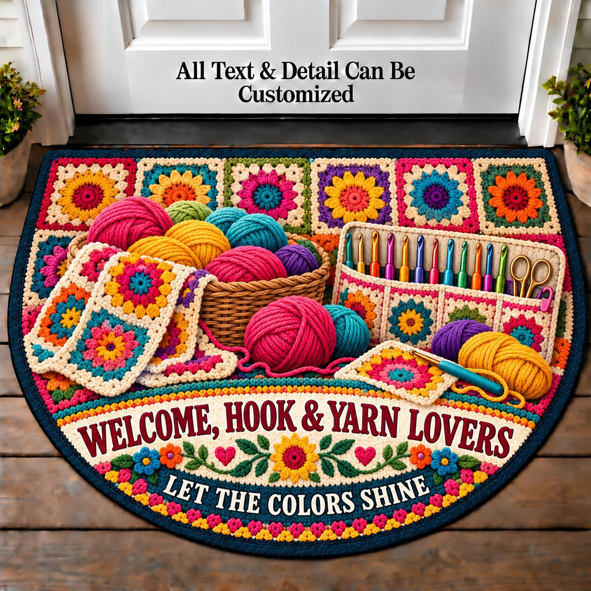 Sunburst Squares - Hook and Yarn Lovers Personalized Half Round Mat | 5To9Vibe