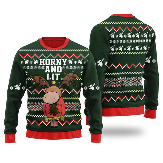 Horn And Lit Moose Ugly Christmas Sweater