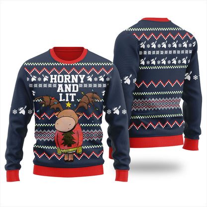 Horn And Lit Moose Ugly Christmas Sweater