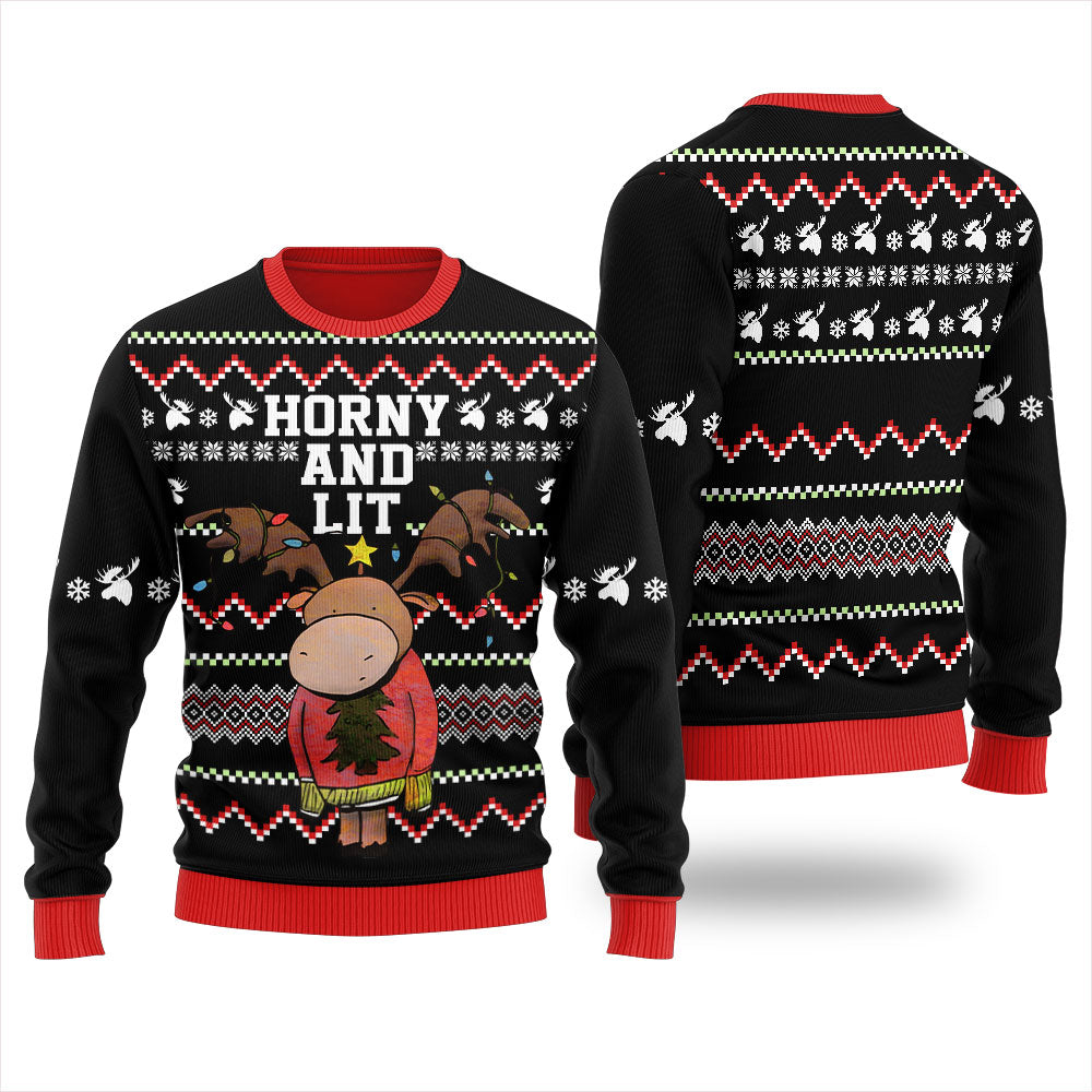 Get Lit Moose Horny Christmas Sweater Women