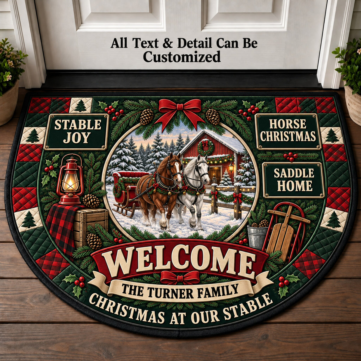 Horse Family Christmas Personalized Half Round Mat | 5To9Vibe
