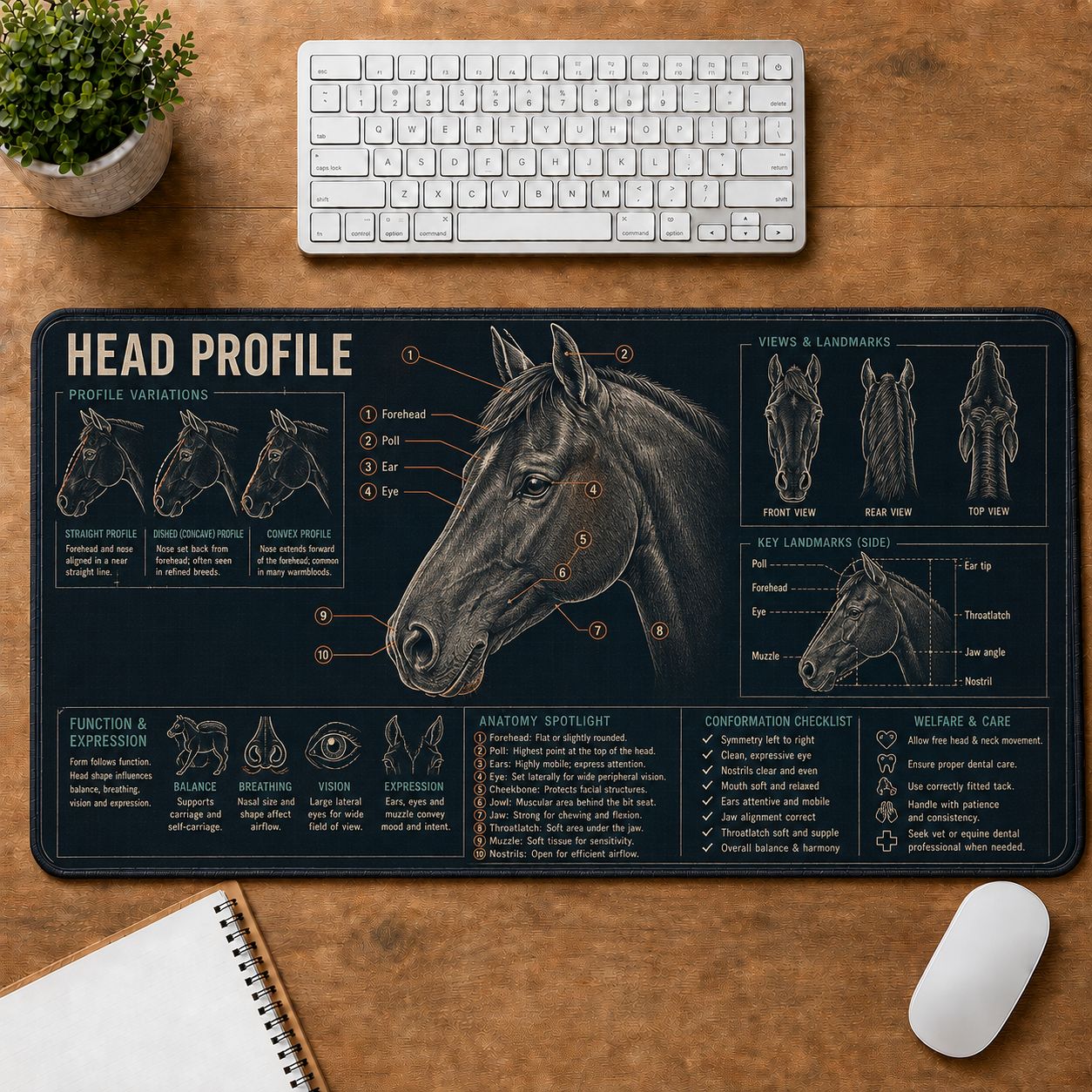 Horse Head Profile Horse and Equestrian Visual Guide Desk Mat | 5To9Vibe
