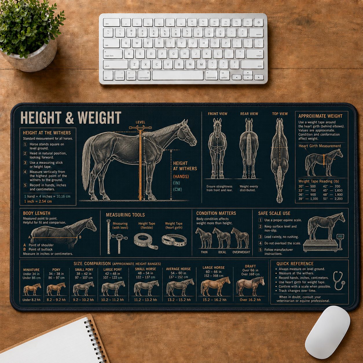 Horse Height and Weight Horse and Equestrian Visual Guide Desk Mat | 5To9Vibe