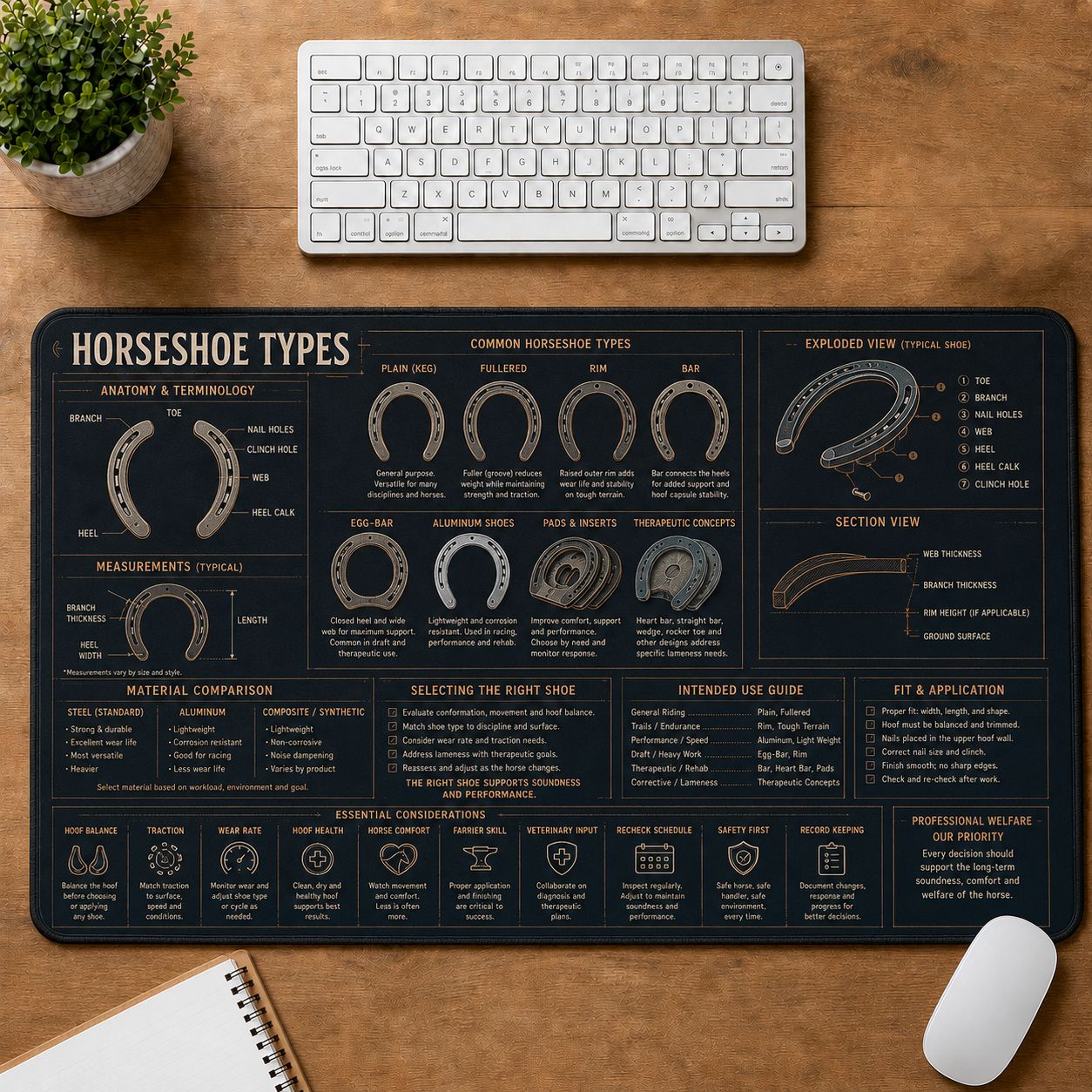 Horse Horseshoe Types Horse and Equestrian Visual Guide Desk Mat | 5To9Vibe