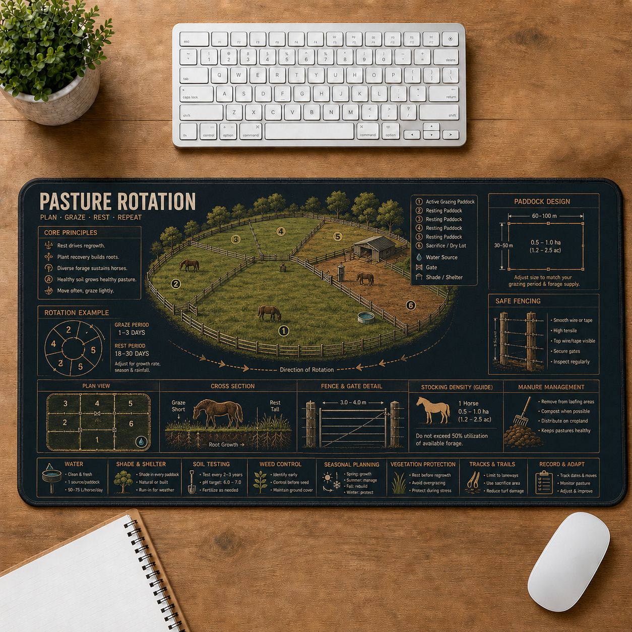 Horse Pasture Rotation Horse and Equestrian Visual Guide Desk Mat | 5To9Vibe