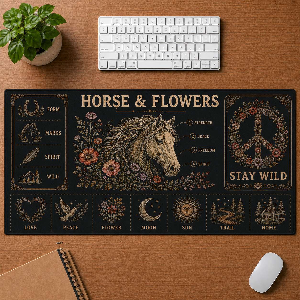 Elephant Hippie Desk Mat Mouse Pad | 5To9Vibe - Horse & Flowers style