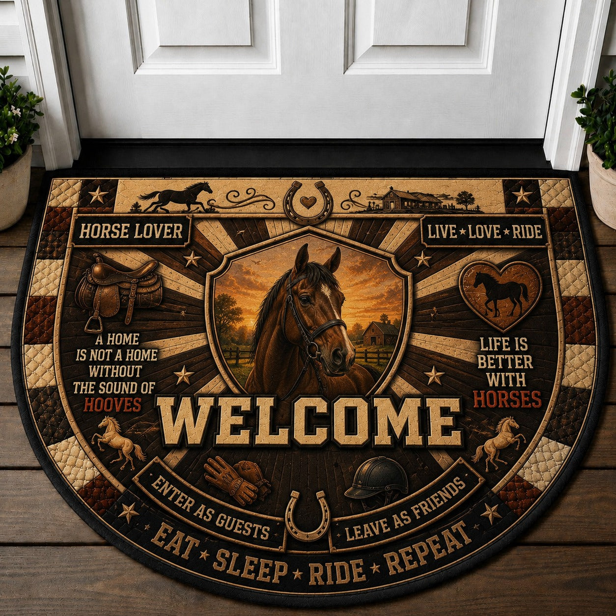 Western Horse Lover Quilted Print Premium Welcome Mat – Personalized Doormat