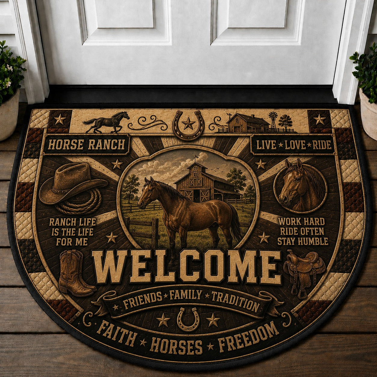 Western Horse Lover Quilted Print Premium Welcome Mat – Personalized Doormat