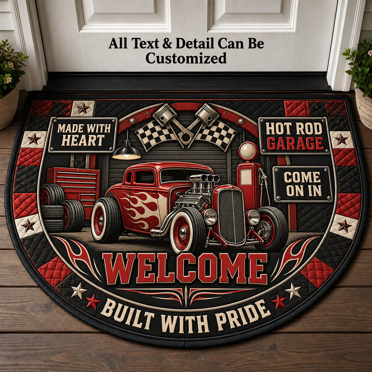 Hot Rod Garage Personalized Half Round Mat | 5To9Vibe