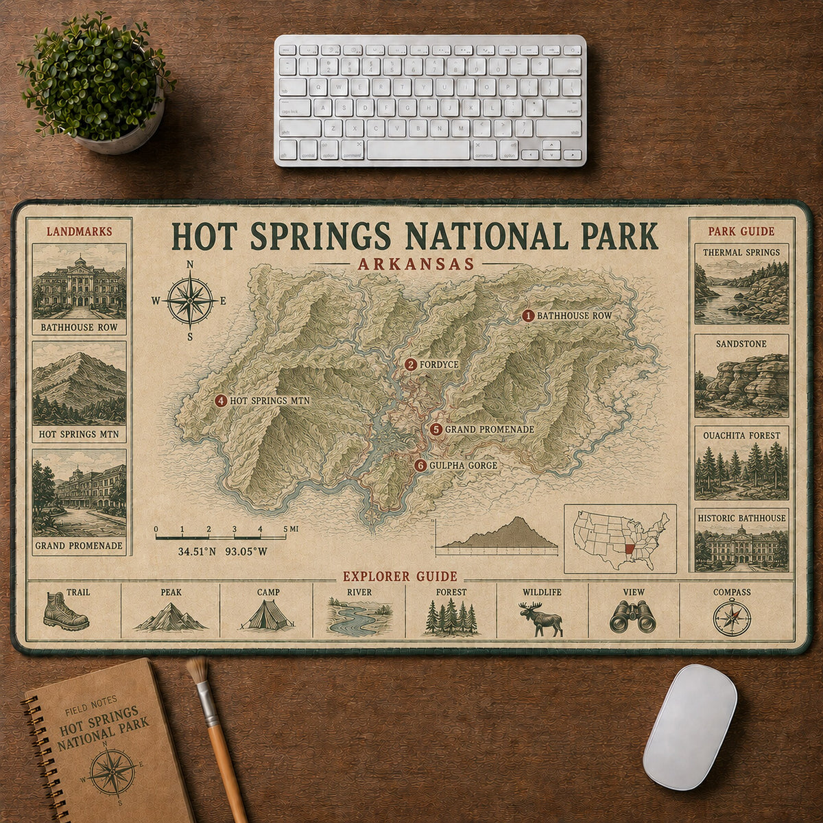 Hot Springs National Park Vintage Topographic Park Map Explorer Guide Desk Mat | 5To9Vibe