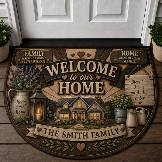 Welcome To Our Home Personalized Family Name Doormat - Housewarming Farmhouse Welcome Mat - 5to9vibe