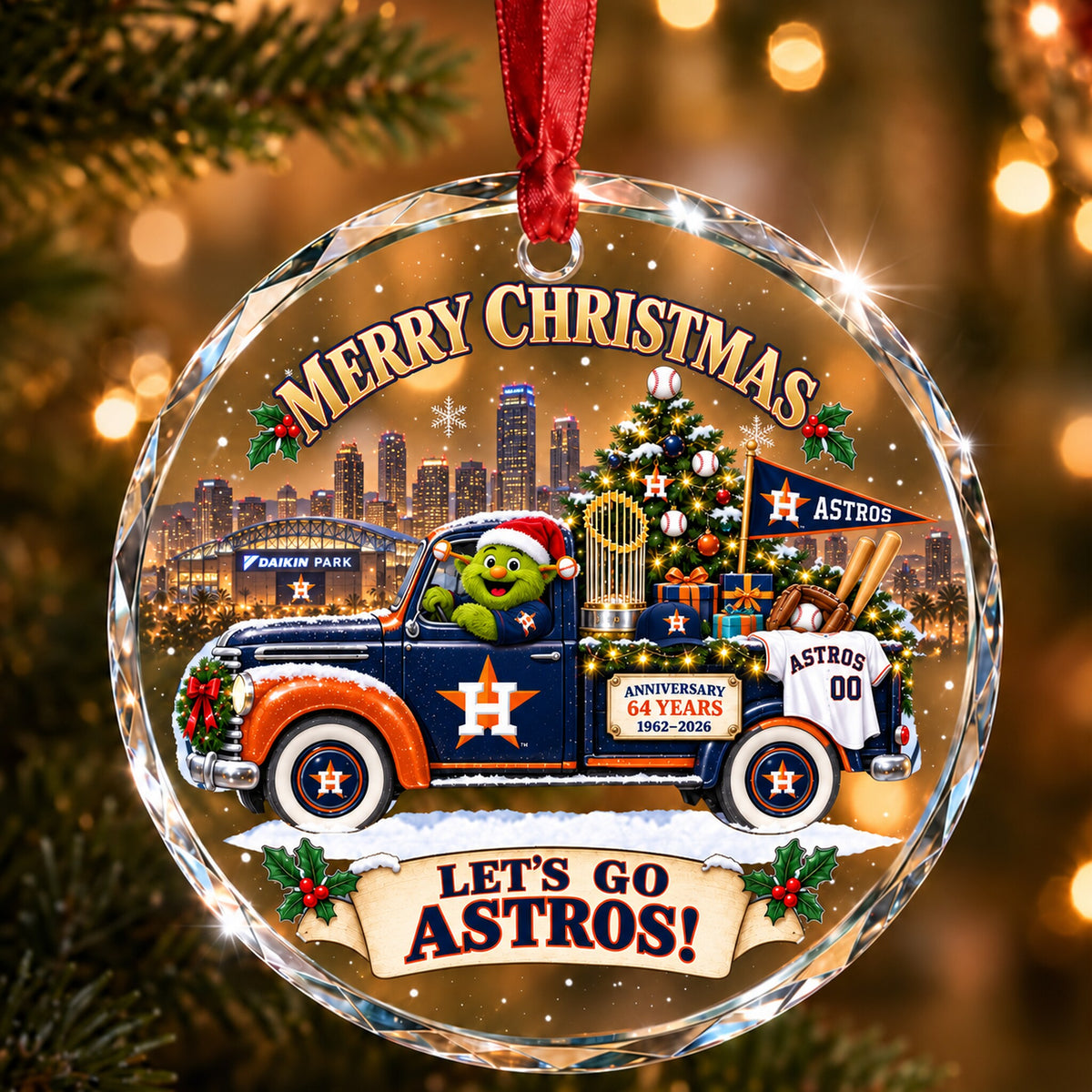 All Baseball Teams Christmas Truck Round Glass Ornament  With Red Gift Box | 5to9vibe
