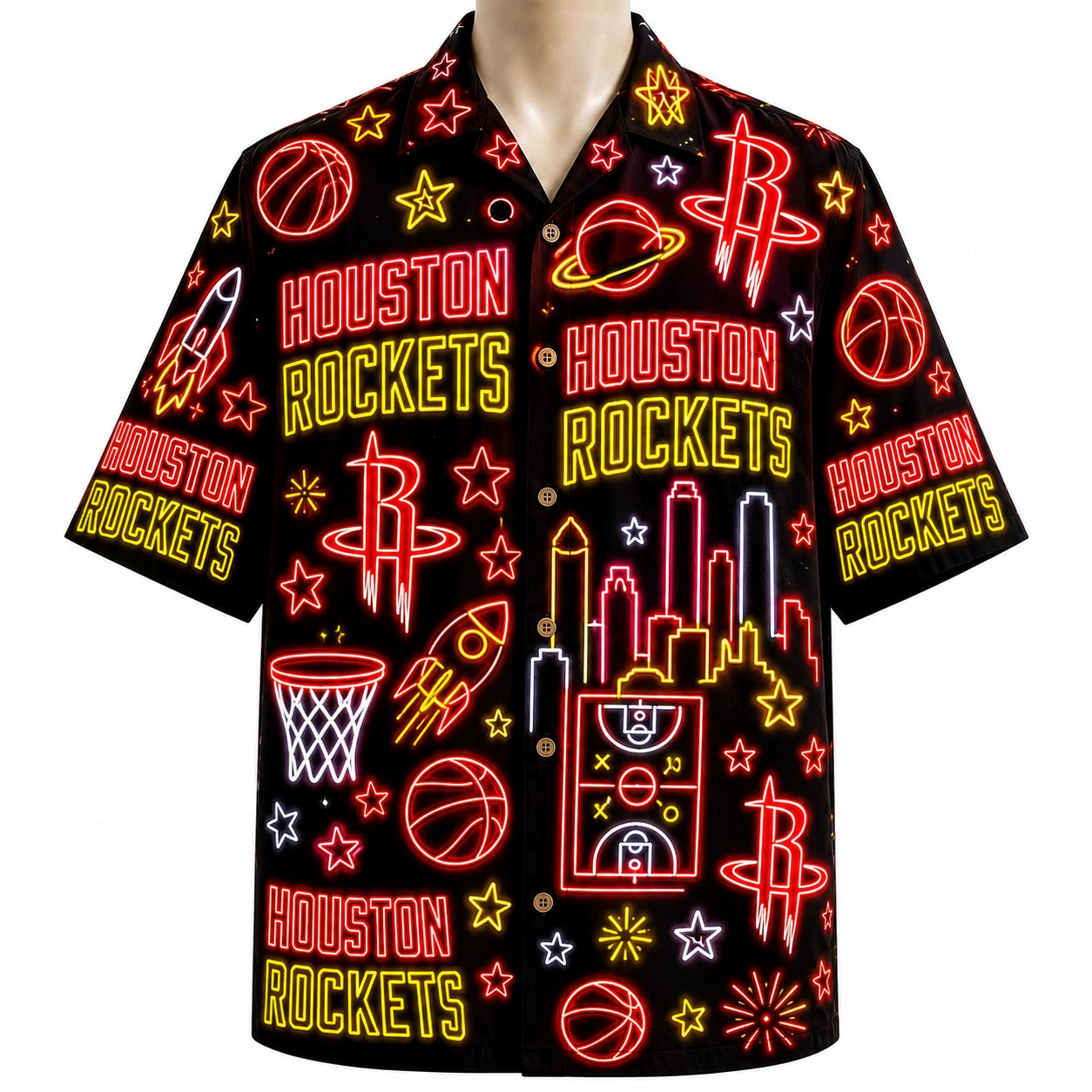 All Basketball Teams Neon Pattern Vibe Summer Party Button-Up Unisex Hawaiian Shirt For Men and Women
