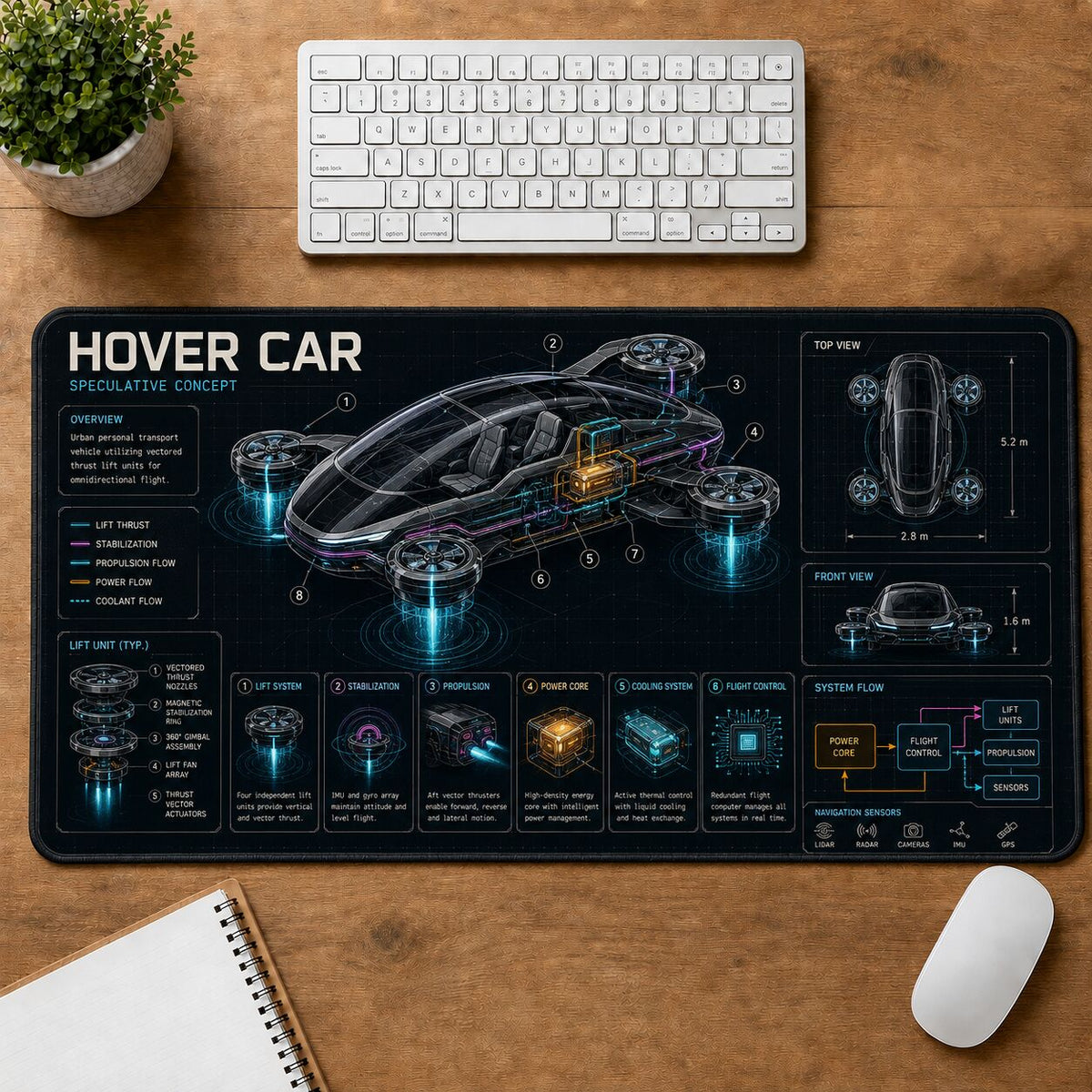 Hover Car Futuristic Technical Guide Desk Mat | 5To9Vibe