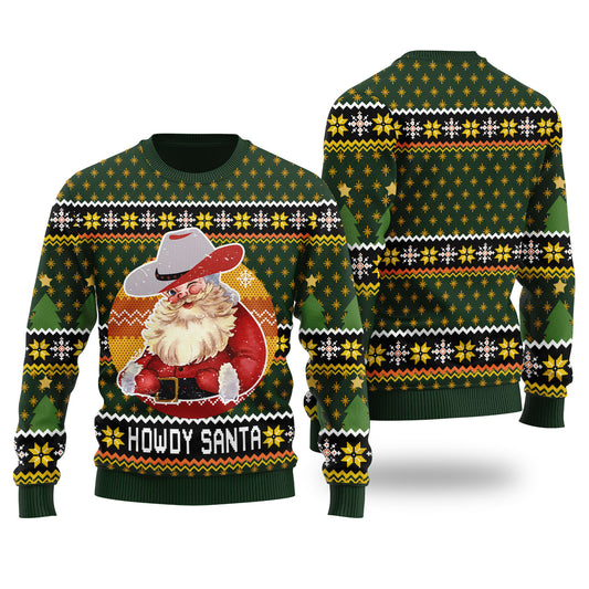 Howdy Santa Retro Ugly Christmas Sweater Forest Green