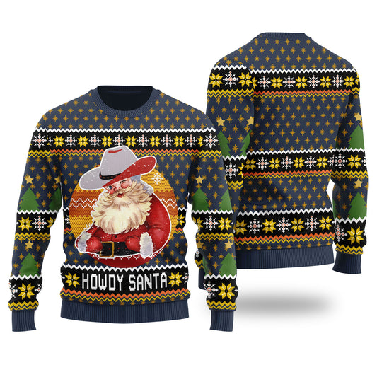 Howdy Santa Retro Ugly Christmas Sweater Navy