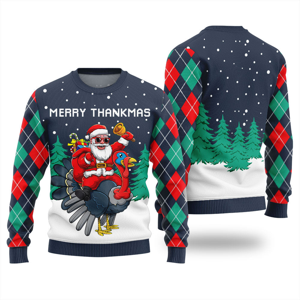 Humorous Merry Thankmas Thanksgiving Day Sweater Navy