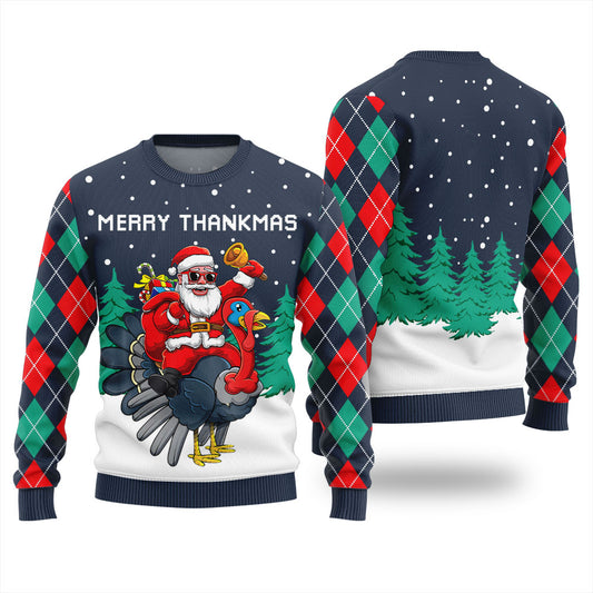Humorous Merry Thankmas Thanksgiving Day Sweater Navy