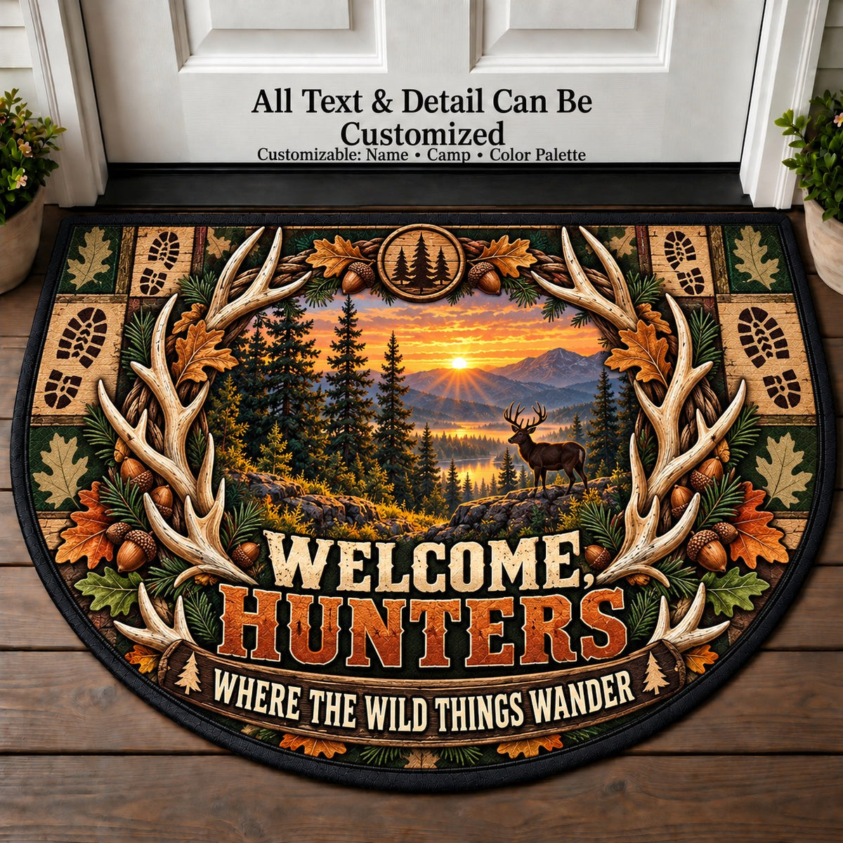 Antler Wreath - Hunters Welcome Personalized Half Round Mat | 5To9Vibe