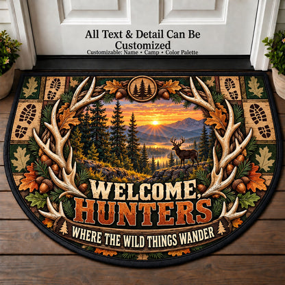 Antler Wreath - Hunters Welcome Personalized Half Round Mat | 5To9Vibe