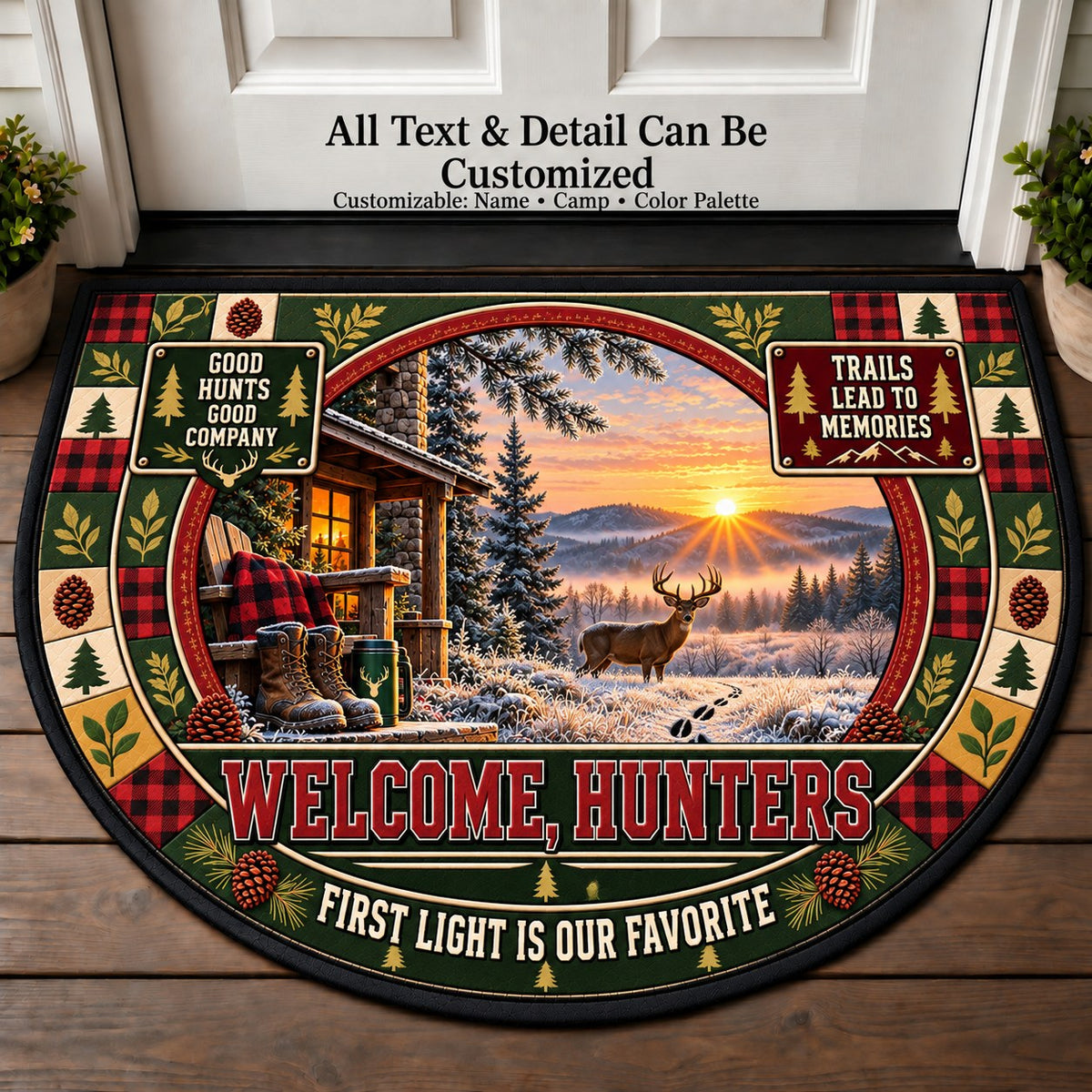 Frosty Dawn Trail - Hunters Welcome Personalized Half Round Mat | 5To9Vibe