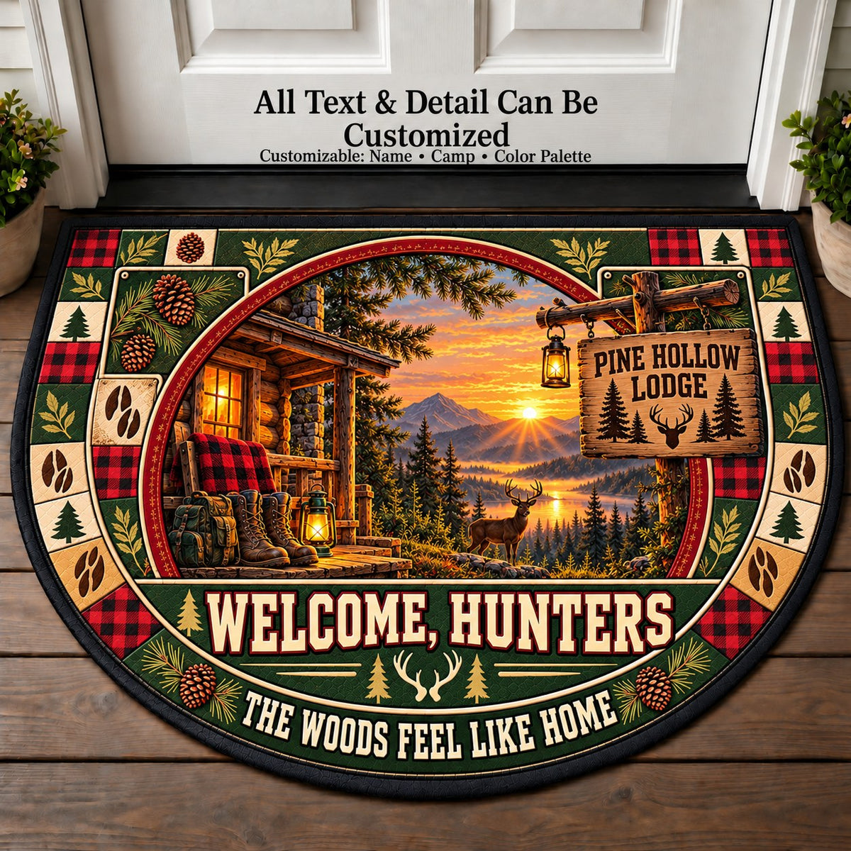Pine Hollow Lodge - Hunters Welcome Personalized Half Round Mat | 5To9Vibe