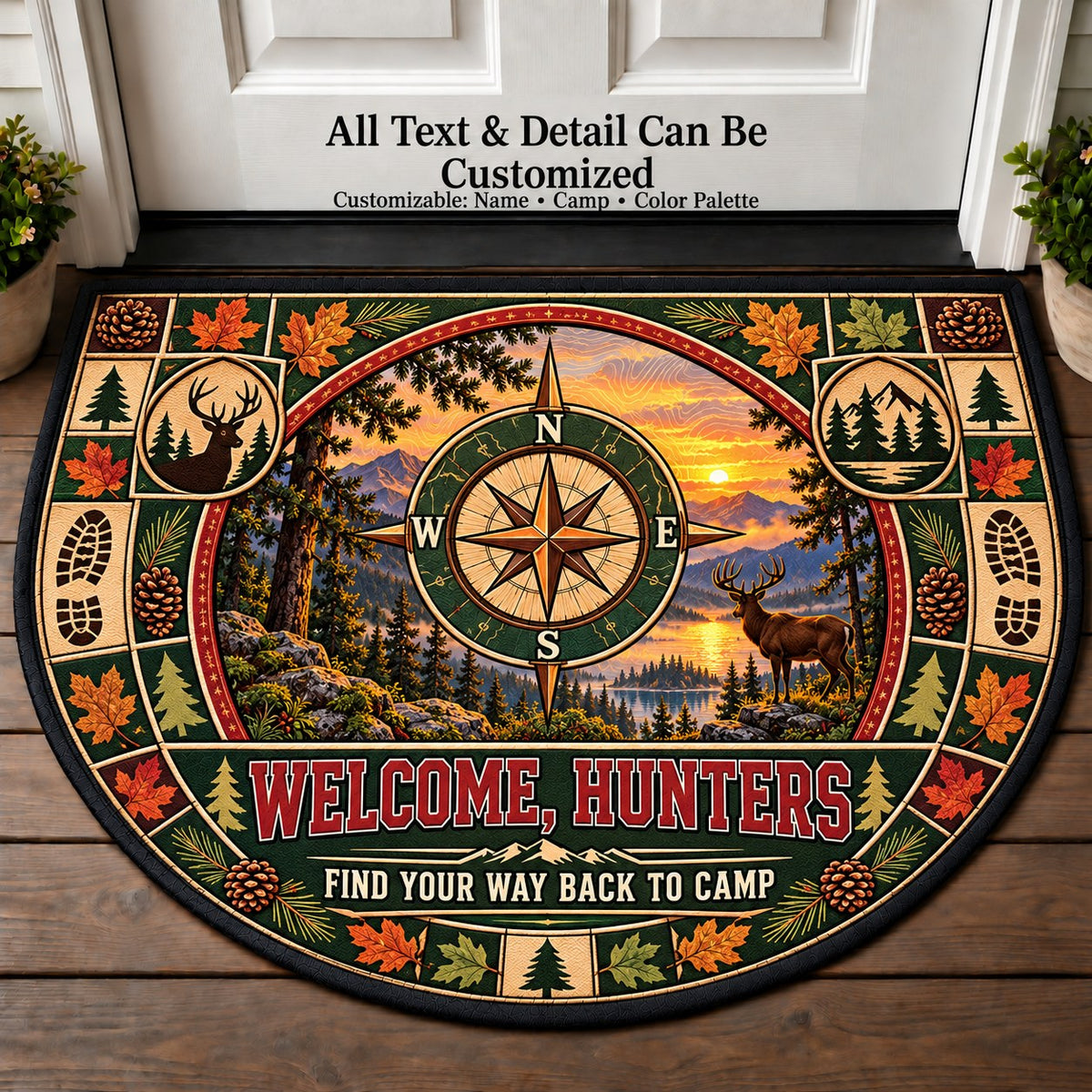 Woodland Compass - Hunters Welcome Personalized Half Round Mat | 5To9Vibe