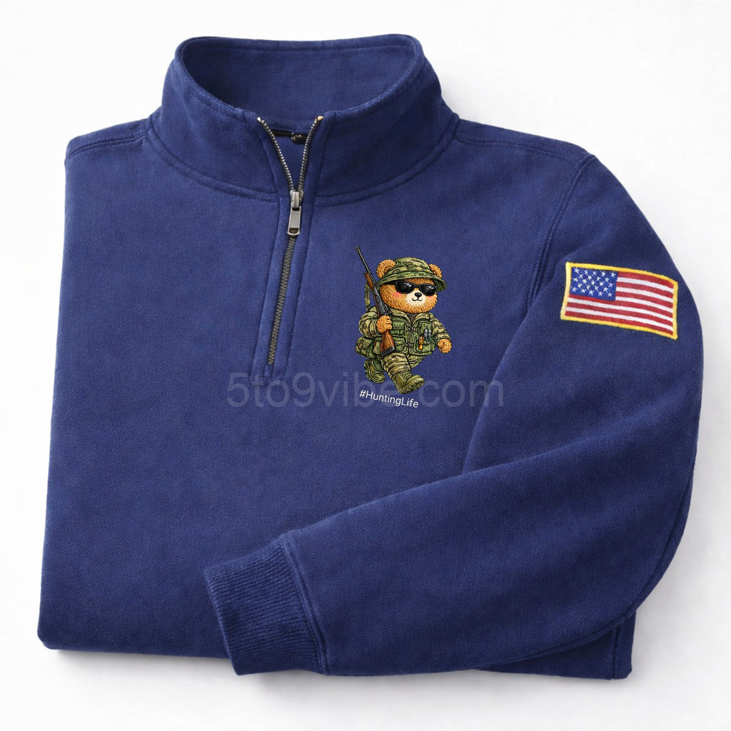 Hunting Embroidered Quarter Zip Sweatshirt, Funny Hunting Life Bear Pullover, Men's Casual Zip Up Jacket, Gift for Hunting Lover Dad