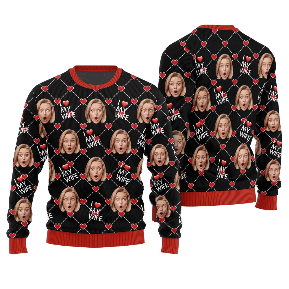 I Love My Wife Custom Face And Text Christmas Sweater