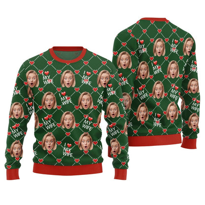 I Love My Wife Custom Face And Text Christmas Sweater